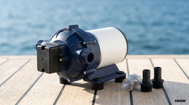 Pompa autoclave SuperFlow 3 valvole 12V con filtro e raccordi sul ponte in teak di una barca