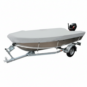 Telo copribarca grigio chiaro per lancia 410/430 cm su carrello, con cime di ancoraggio e motore fuoribordo | Onautica