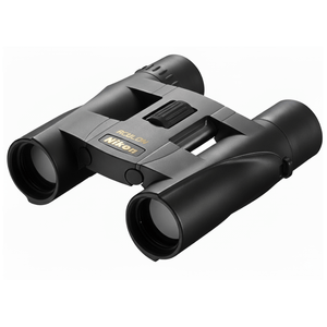 Binocolo compatto Nikon Aculon A30 8x25 con rivestimento in gomma nera, lenti multistrato e design leggero.