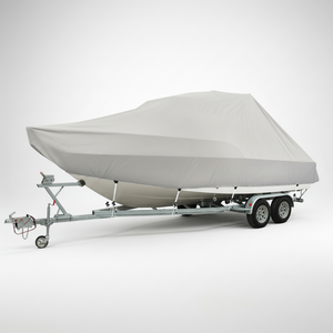 Telo Copribarca Oceansouth Jumbo, design universale per barche grandi con parabrezza e roll-bar, ideale per stoccaggio e trasporto su rimorchio.