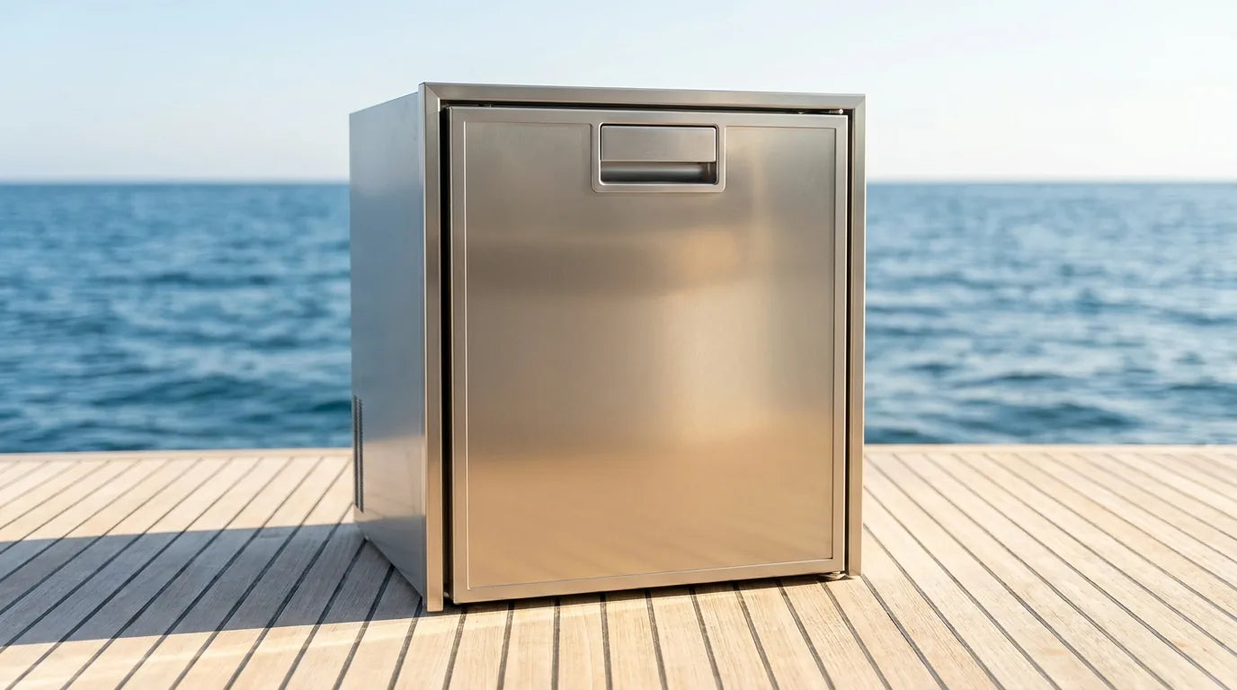 Frigorifero nautico da incasso con pannello in alluminio Clean Touch sul ponte in teak di una barca