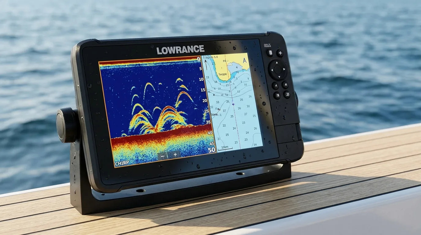 Lowrance Eagle 7 con schermata sonar CHIRP e carta nautica, appoggiato sul teak di una barca da pesca