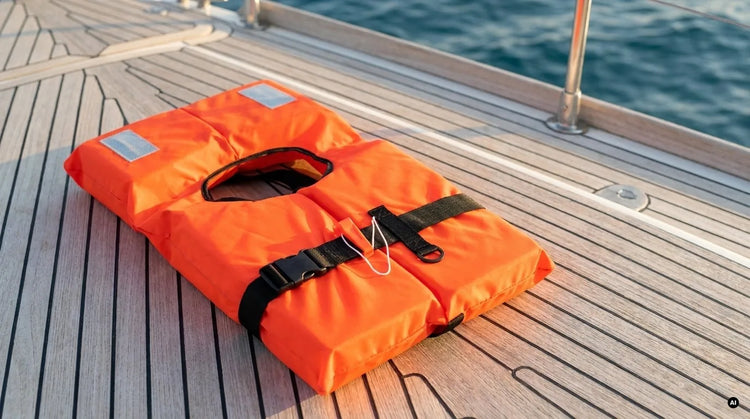 Cintura salvagente 150N arancione con bande retroriflettenti e fischietto sul ponte in teak di una barca