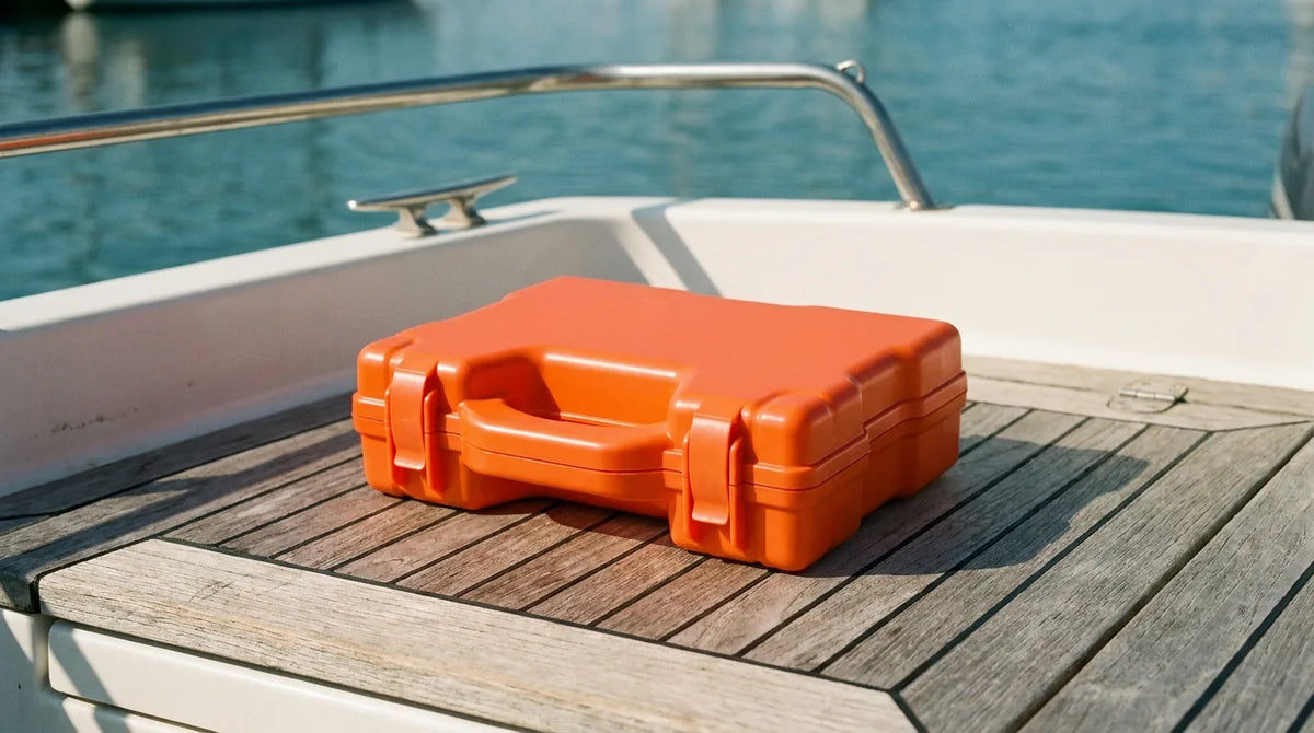 Cassetta di pronto soccorso HELP arancione chiusa sul pagliolato in teak del pozzetto di una barca, con il porto sfocato sullo sfondo