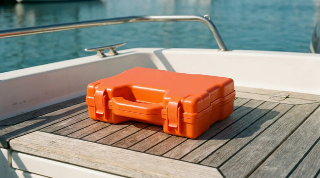 Cassetta di pronto soccorso HELP arancione chiusa sul pagliolato in teak del pozzetto di una barca, con il porto sfocato sullo sfondo