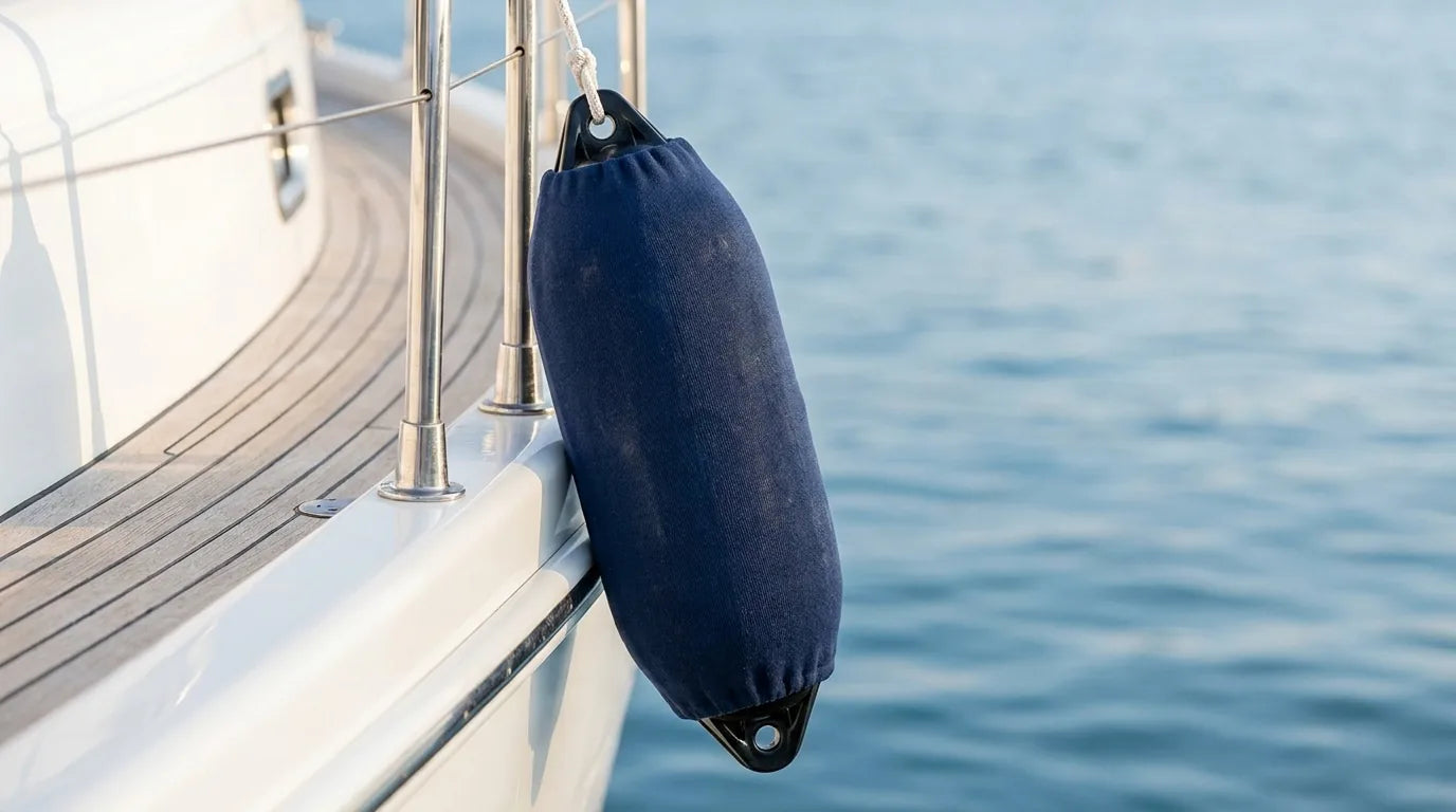 Copriparabordo Navishell F-Type blu navy su un parabordo cilindrico appeso alla battagliola di una barca
