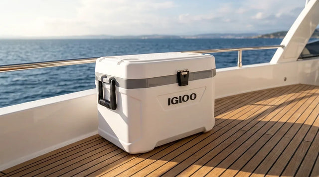Ghiacciaia Igloo Marine Ultra bianca chiusa sul ponte in teak di una barca, con il mare blu sfocato sullo sfondo