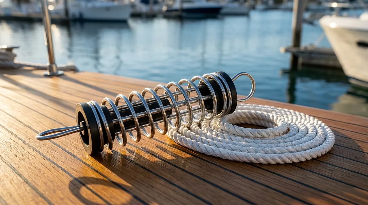 Molla d’ormeggio in acciaio inox lucidato con piattelli anticigolio appoggiata sul ponte in teak di una barca, accanto a una cima bianca