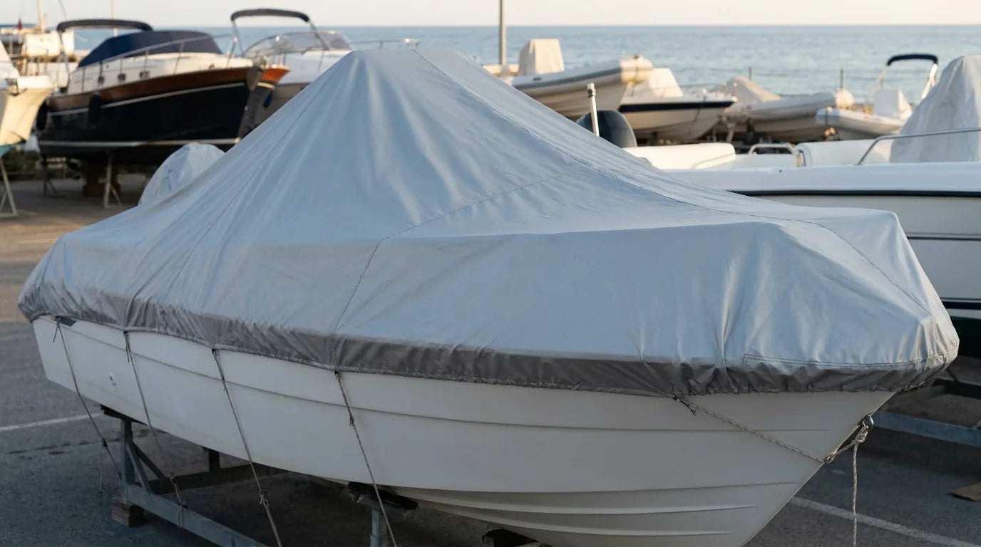 Barca open bianca coperta da un telo copribarca argento in un cantiere nautico