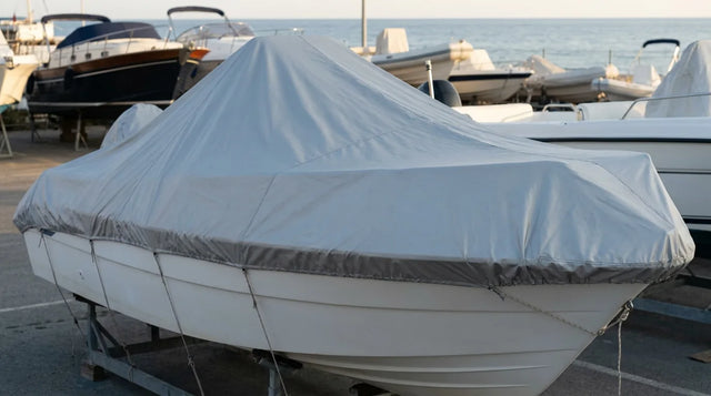Barca open bianca coperta da un telo copribarca argento in un cantiere nautico