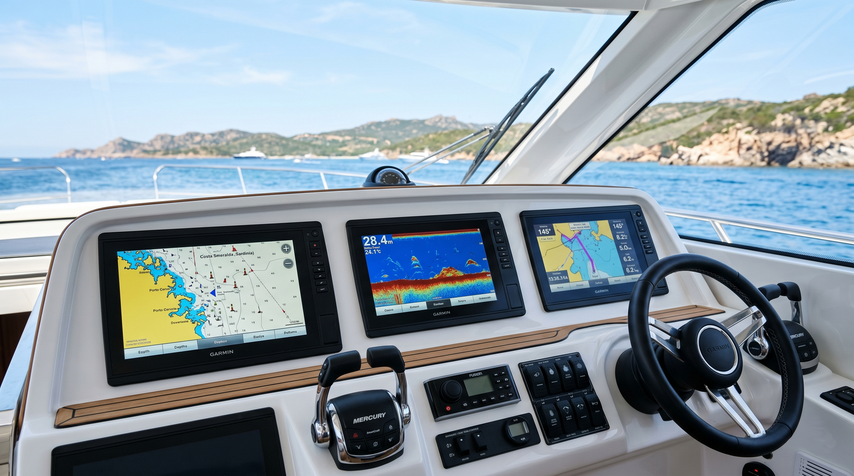 Tre chartplotter Garmin di diverse dimensioni sulla plancia di una barca