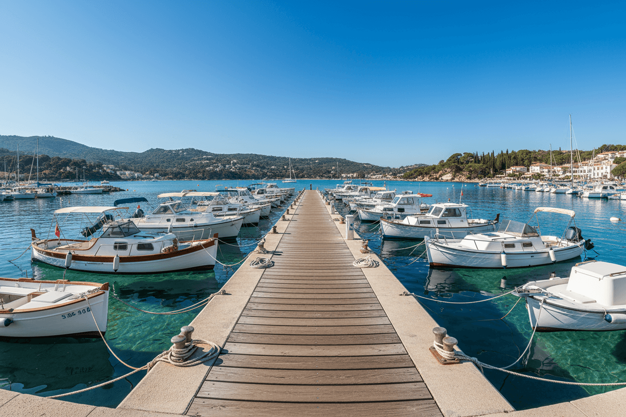 banchina con barche ormeggiate in una baia con montagne sullo sfondo