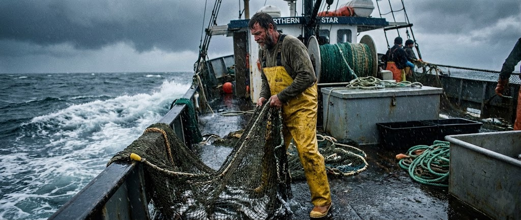Un pescatore professionista sul ponte di un peschereccio che indossa una salopette cerata gialla e stivali, mentre lavora con delle reti bagnate.