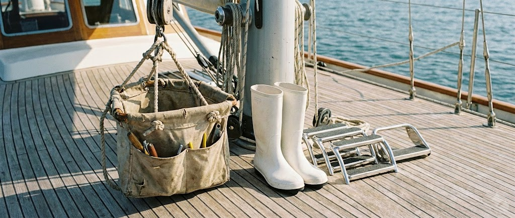 Un banzigo professionale sospeso, pronto per l'uso, con accanto dei copricrocette bianchi e gradini da albero in acciaio inox.