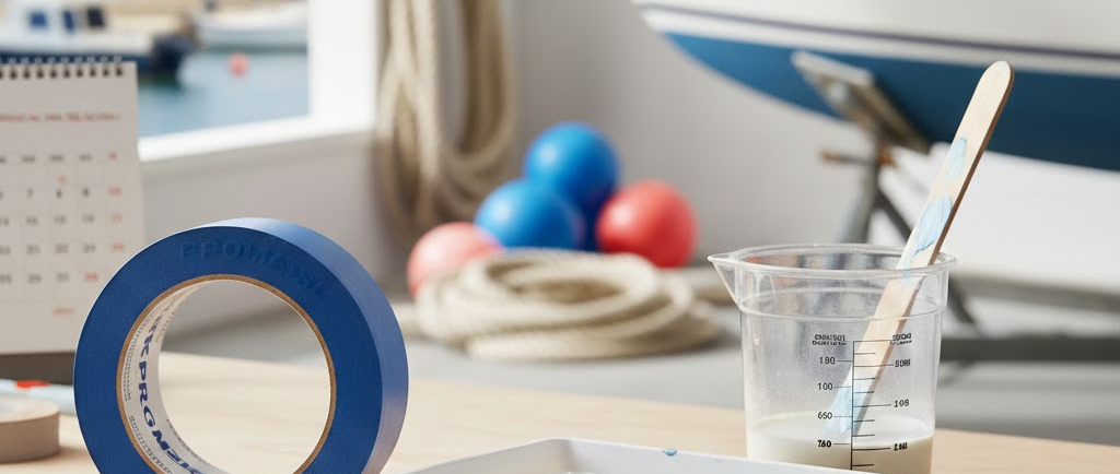 Un rotolo di nastro adesivo blu (blue tape), una vaschetta di plastica per vernice, un bicchiere graduato per la miscela e una spatola per mescolare.