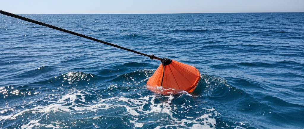 Vista a pelo d'acqua di un'ancora galleggiante arancione a forma di cono dispiegata in mare, collegata alla cima della barca.