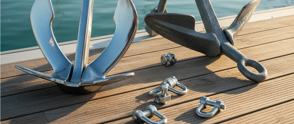 Composizione panoramica su un pontile in legno con diverse ancore da barca: una Bruce in acciaio inox lucido in primo piano e una Danforth zincata sullo sfondo.