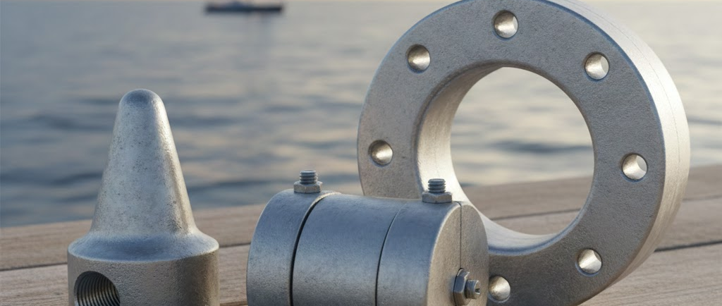 Un anodo a collare per asse montato su un tubo metallico, un anodo a ogiva per l'elica e un anello in zinco per saildrive.