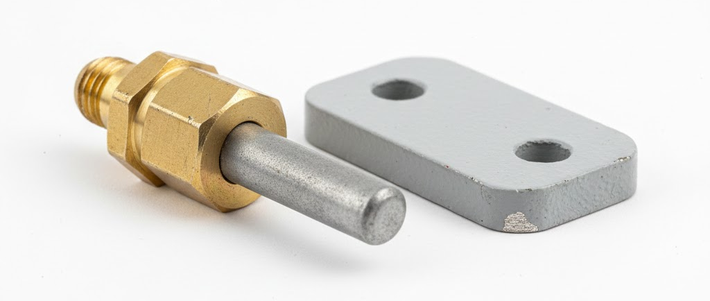 Un anodo a sigaretta (pencil anode) per scambiatore di calore con il suo tappo in ottone, accanto a una pinnetta di zinco per fuoribordo.