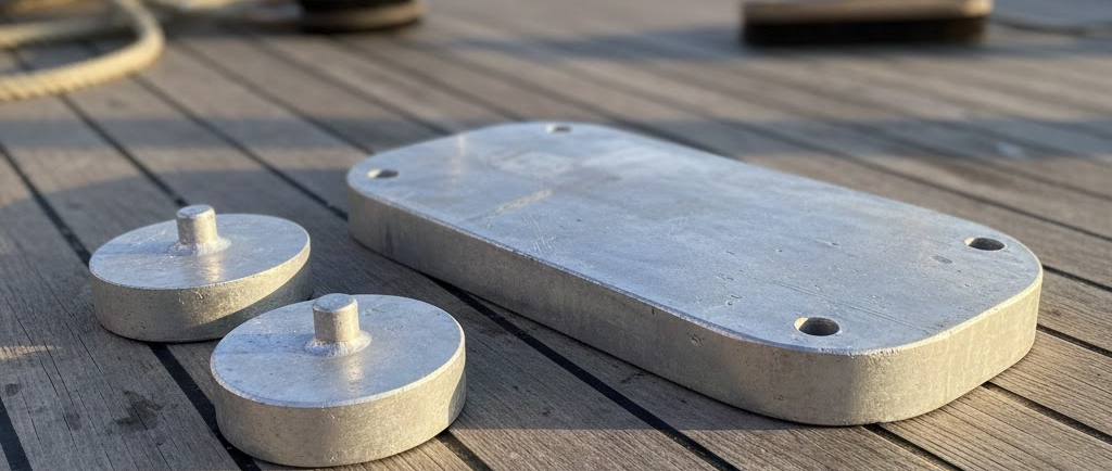 Una piastra di zinco rettangolare pesante e due anodi rotondi (pastiglie) per timone appoggiati su una superficie di legno.