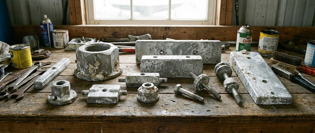 Un assortimento di anodi sacrificali nuovi: un anodo a ogiva per elica, un anodo a piastra e un kit anodi per piede poppiero.