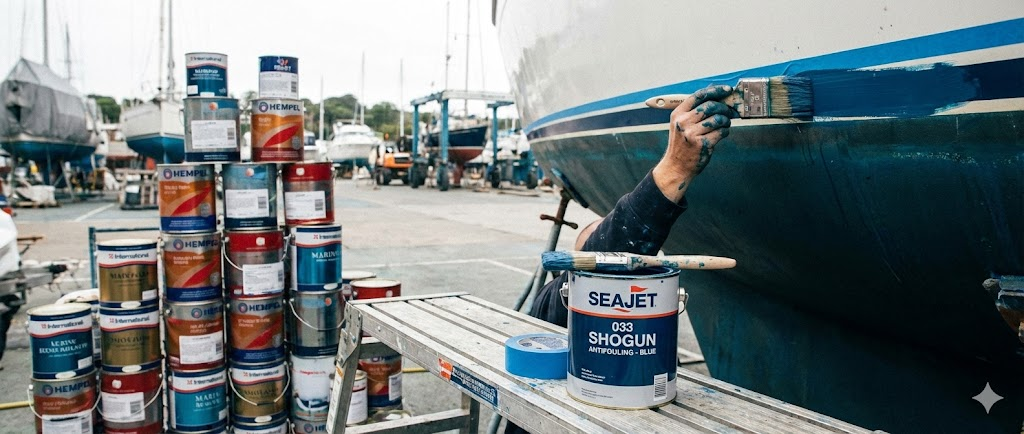 Un barattolo di antivegetativa aperto con vernice blu, un pennello appoggiato sopra e una bomboletta spray per motori sullo sfondo.
