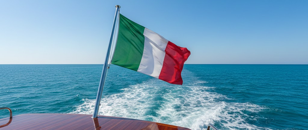 Vista panoramica di poppa di una barca con la bandiera italiana che sventola su un'asta in acciaio inox lucido, con il mare blu sullo sfondo.