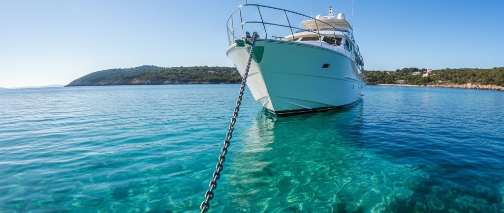 Vista panoramica suggestiva di una barca ferma all'ancora in una baia con acqua cristallina; si vede la catena tesa che scende dalla prua nell'acqua.