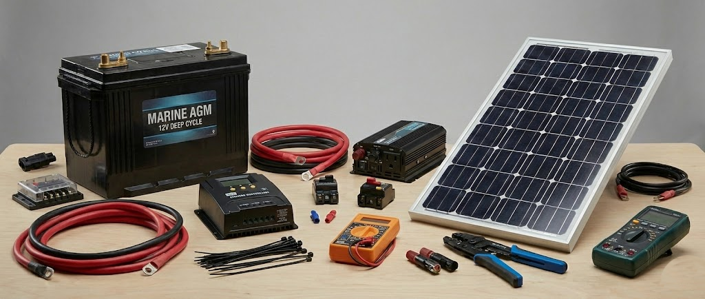 Una batteria AGM per servizi di bordo posizionata accanto a un pannello solare fotovoltaico nero e un piccolo generatore portatile, su sfondo neutro.