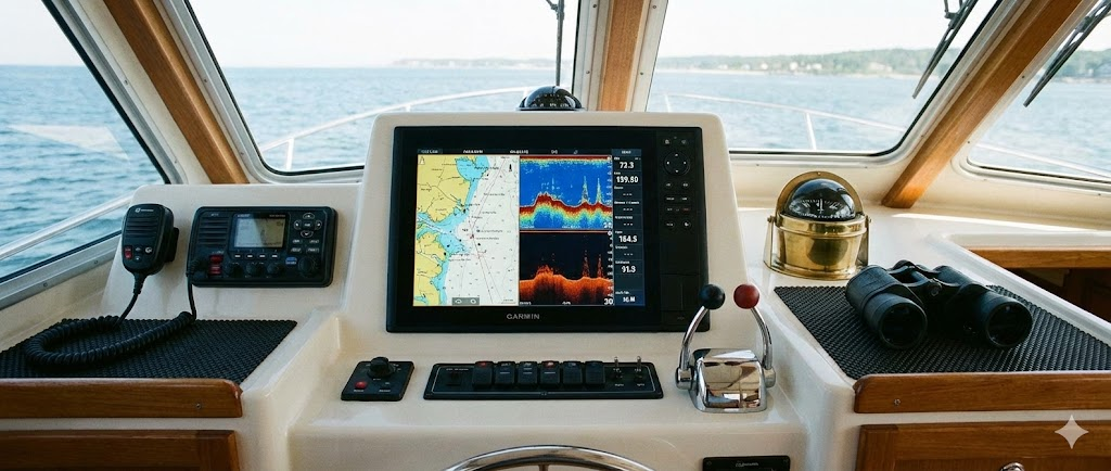 Composizione "plancia di comando": al centro un moderno GPS Plotter acceso con carta nautica, affiancato da un microfono VHF e, in primo piano, una bussola magnetica classica e un binocolo.