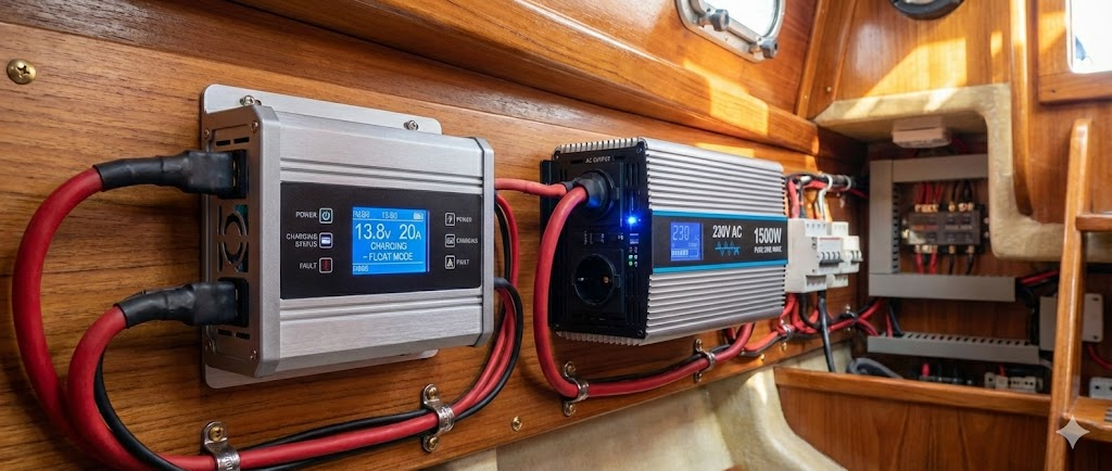 Primo piano tecnico di un caricabatterie nautico intelligente a parete con display digitale e un inverter di potenza 12V-220V metallico con spie LED accese.