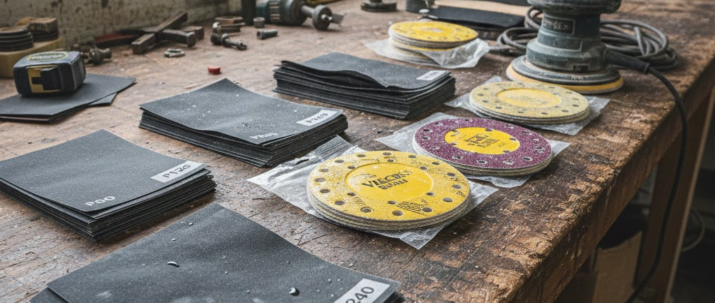 Un assortimento di abrasivi: fogli di carta vetrata grigia e rossa, e alcuni dischi rotondi con fori per levigatrice orbitale.