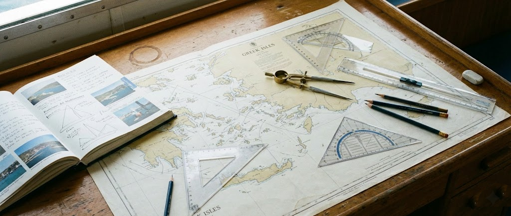 Un tavolo da carteggio con una carta nautica aperta, un portolano, due squadrette nautiche e un compasso in ottone appoggiati sopra.