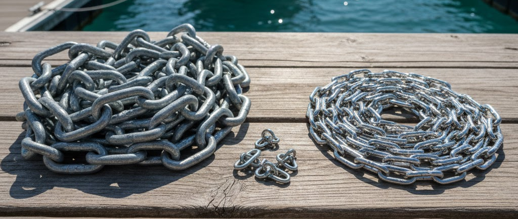 Composizione panoramica su un pontile in legno: un mucchio di catena nautica zincata a caldo accanto a una catena in acciaio inox lucido, con falsemaglie in vista.
