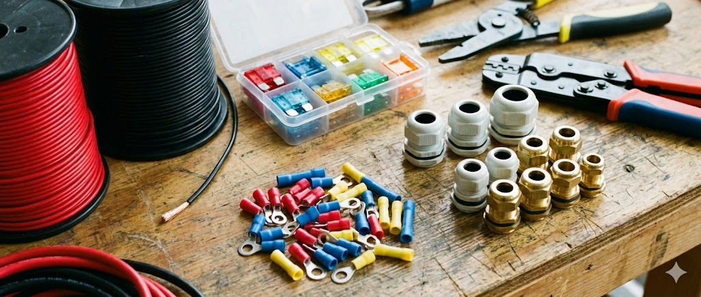 Dettaglio macro di materiale d'installazione: matasse di cavi elettrici stagnati rossi e neri, fusibili colorati e terminali a crimpare disposti ordinatamente su un banco da lavoro.