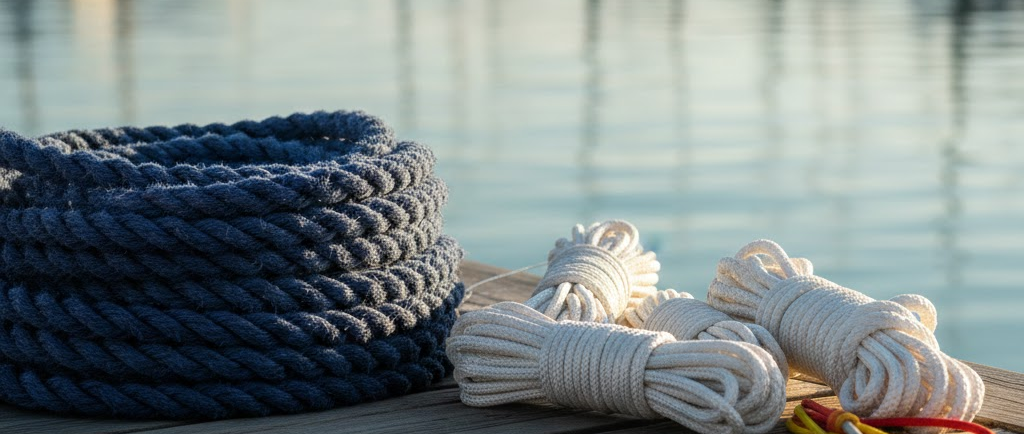Composizione panoramica su pontile in legno: una grossa cima da ormeggio blu scuro (gherlino) e, accanto, matassine di cima più sottile bianca e colorata per parabordi e usi generici.