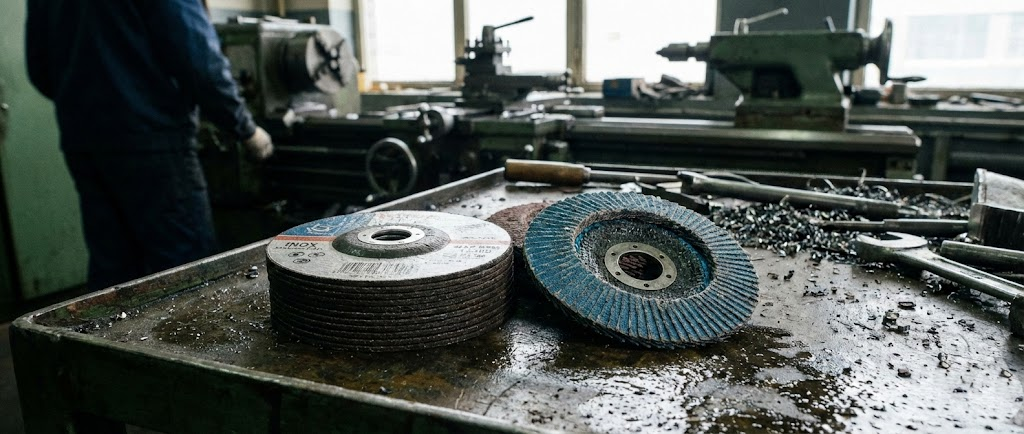 Un set di dischi per flessibile su un banco da lavoro: alcuni dischi da taglio sottili per inox e un disco lamellare abrasivo a ventaglio.