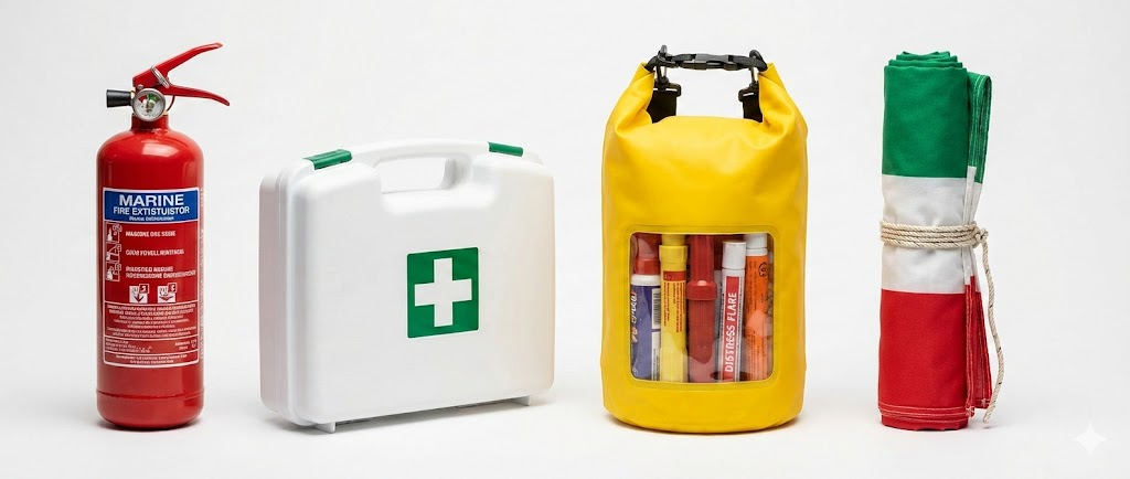 Banner panoramico con un set completo di dotazioni di bordo: estintore rosso, valigetta pronto soccorso, confezione di razzi di segnalazione e una bandiera italiana arrotolata.
