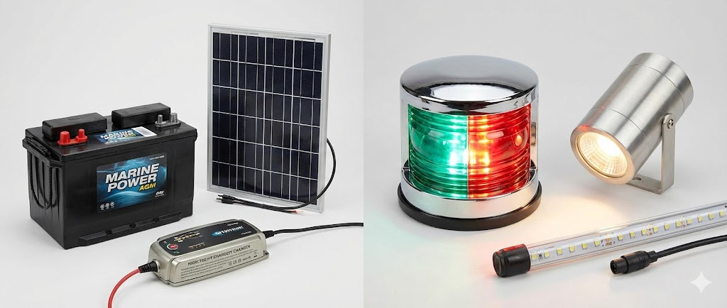 Composizione rappresentativa di elettricità nautica: una batteria servizi AGM, un pannello solare, affiancati da una luce di via bicolore accesa e una plafoniera LED.