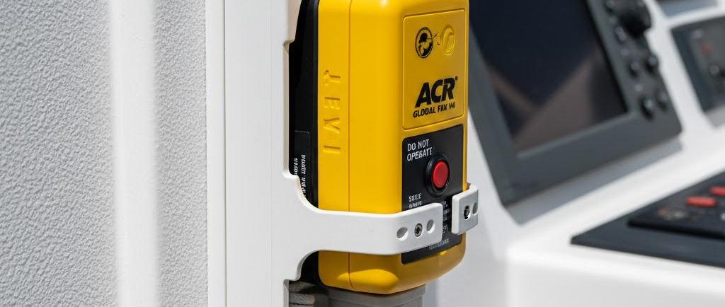 Dettaglio tecnico di un EPIRB giallo brillante montato nel suo supporto a sgancio idrostatico su una parete bianca in vetroresina della barca.
