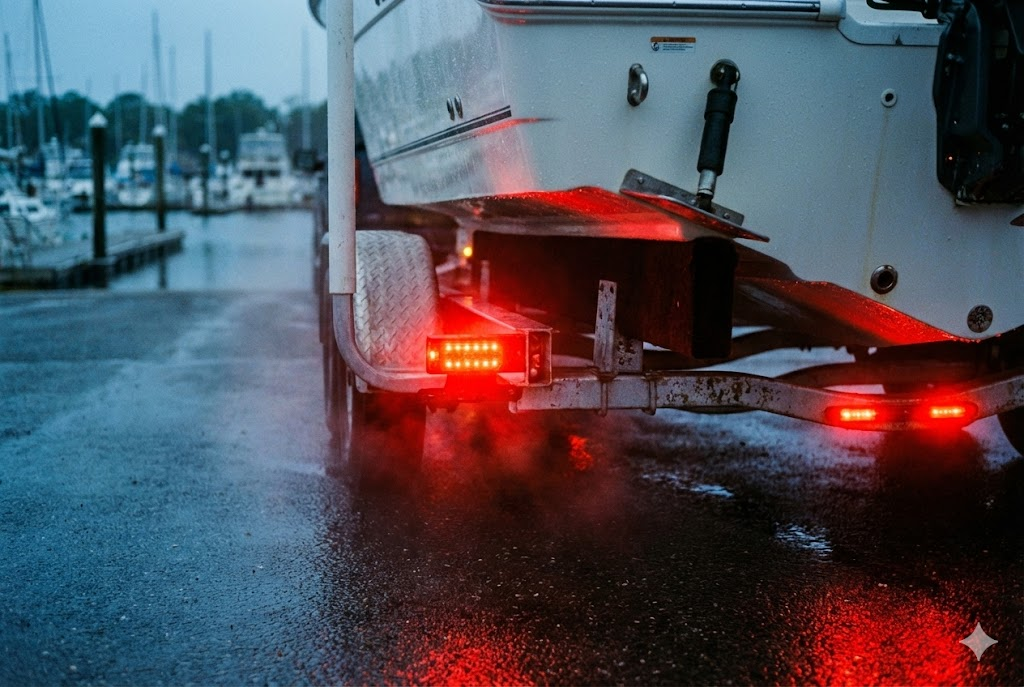 Fanali posteriori a LED di un carrello barca accesi al tramonto con asfalto bagnato.