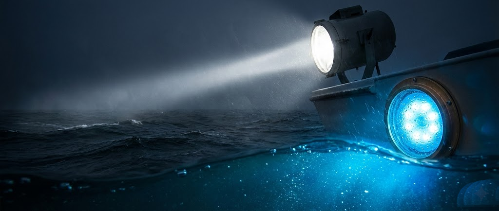 Un potente faro di profondità nautico acceso puntato verso l'esterno, affiancato da una moderna luce subacquea a LED blu accesa che simula l'effetto in acqua.