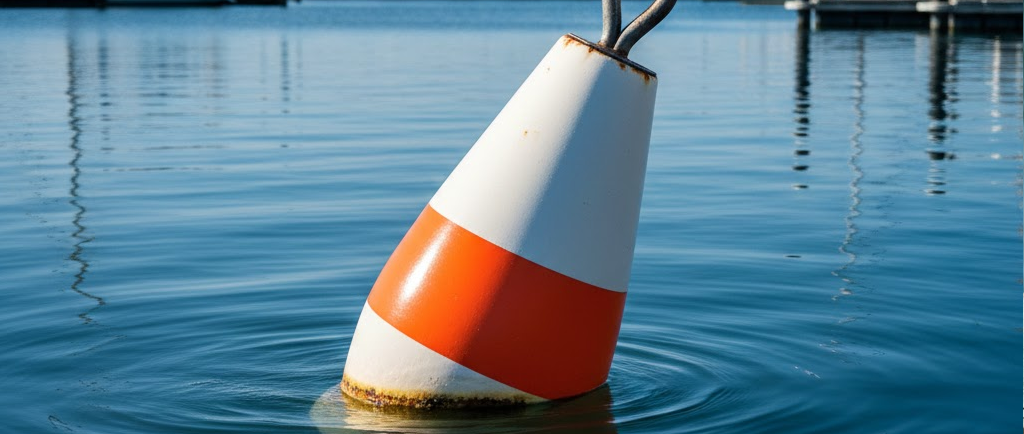 Vista panoramica a pelo d'acqua di un gavitello biconico bianco con fascia arancione che galleggia in un porto, con l'anello dell'asta superiore ben visibile.