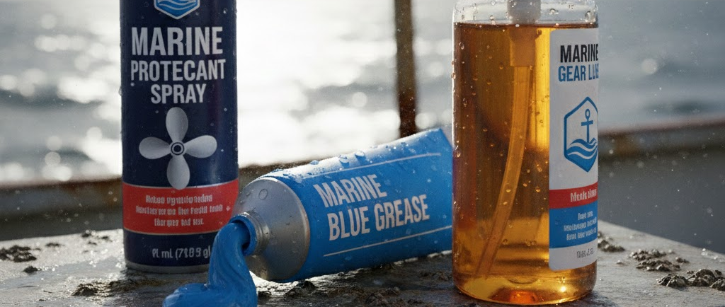 Un tubetto di grasso nautico aperto che mostra la pasta blu, un flacone di olio per ingranaggi (gear lube) con beccuccio e una bomboletta spray.