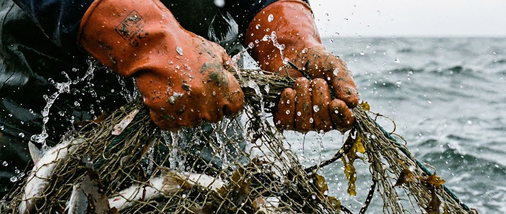 Un paio di mani che indossano guanti da lavoro arancioni spalmati in gomma, mentre tirano una rete da pesca bagnata.