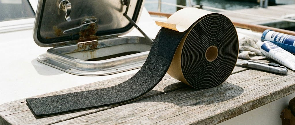 Un rotolo di guarnizione in neoprene espanso nero adesivo parzialmente srotolato, accanto a un vecchio sportello aperto che mostra la guarnizione da cambiare.