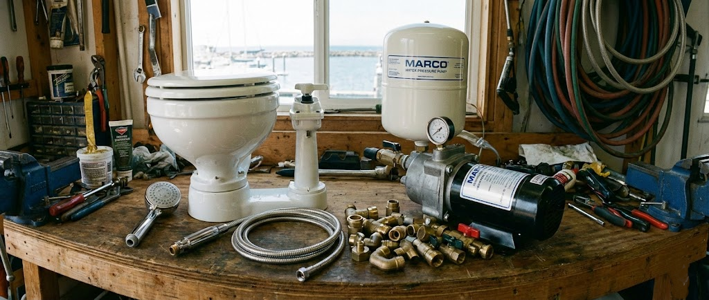 Composizione panoramica di idraulica nautica: un WC nautico bianco, una pompa autoclave, una doccetta cromata e vari raccordi in ottone su un piano di lavoro.