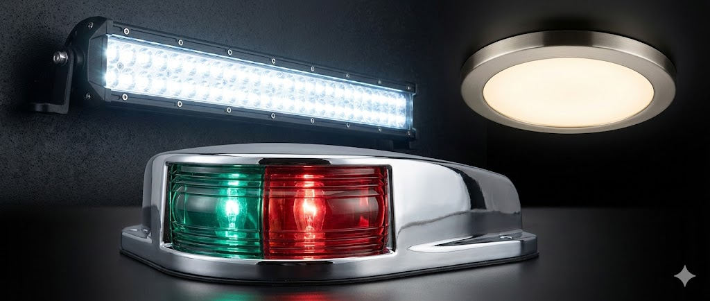 Composizione artistica di illuminazione nautica: in primo piano una luce di via verde e rossa, sullo sfondo una barra LED accesa e una moderna plafoniera interna.