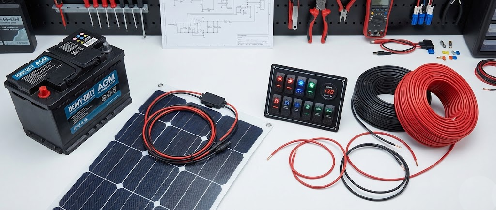 Composizione completa di materiale elettrico nautico: una batteria servizi, un pannello solare, un quadro elettrico switch panel e matasse di cavi colorati su un piano di lavoro pulito.