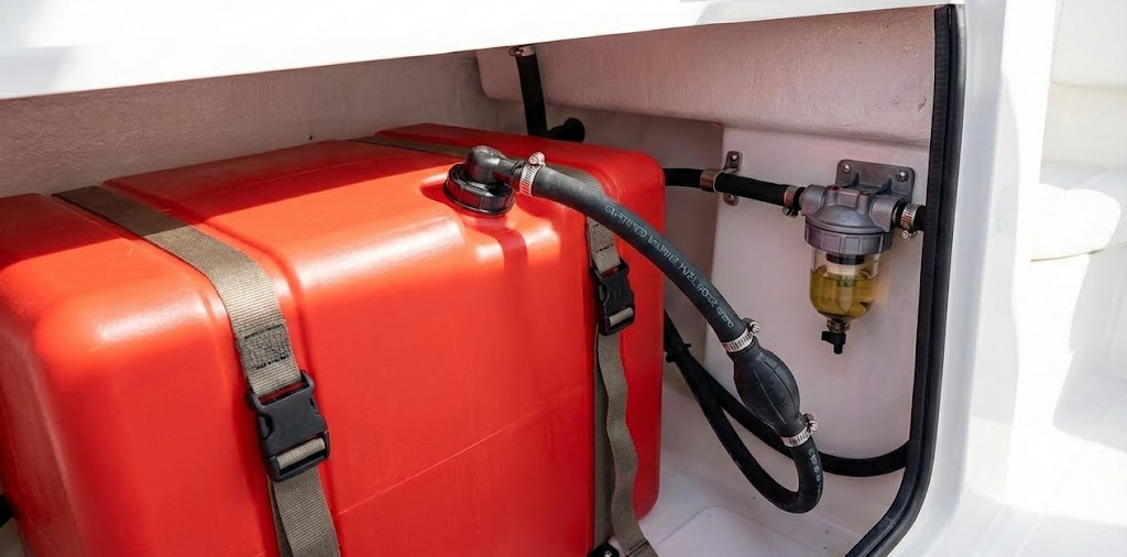 Vano tecnico di una barca che mostra un serbatoio carburante collegato tramite tubo e pompetta a un filtro decantatore a parete.